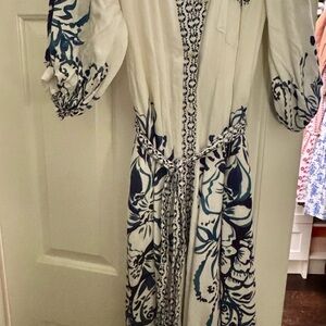 Maeve Irene Blue and White Long Sleeve linen Dress